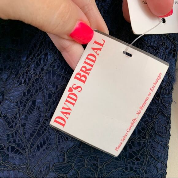 David’s Bridal Lace Elbow Sleeve All Over Contrast Marine Blue Dress - Picture 6 of 10